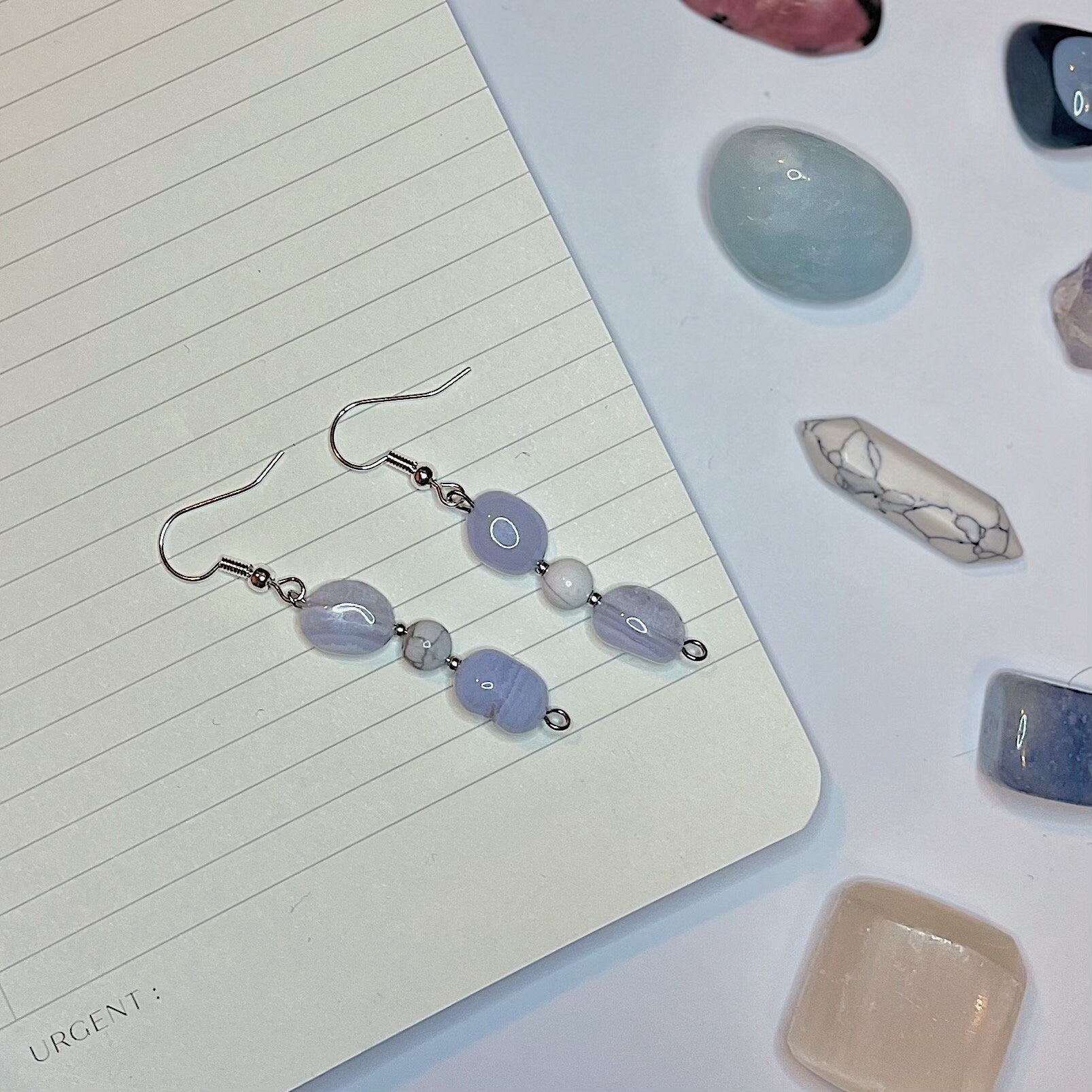 Blue Lace Agate and Howlite Dangly Earrings