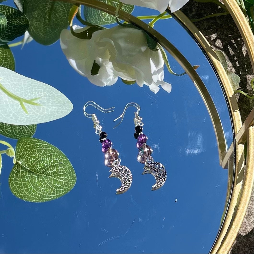 Beautiful Moon Pendant Drop Earrings with Black Onyx, Amethyst and, Aura Amethyst