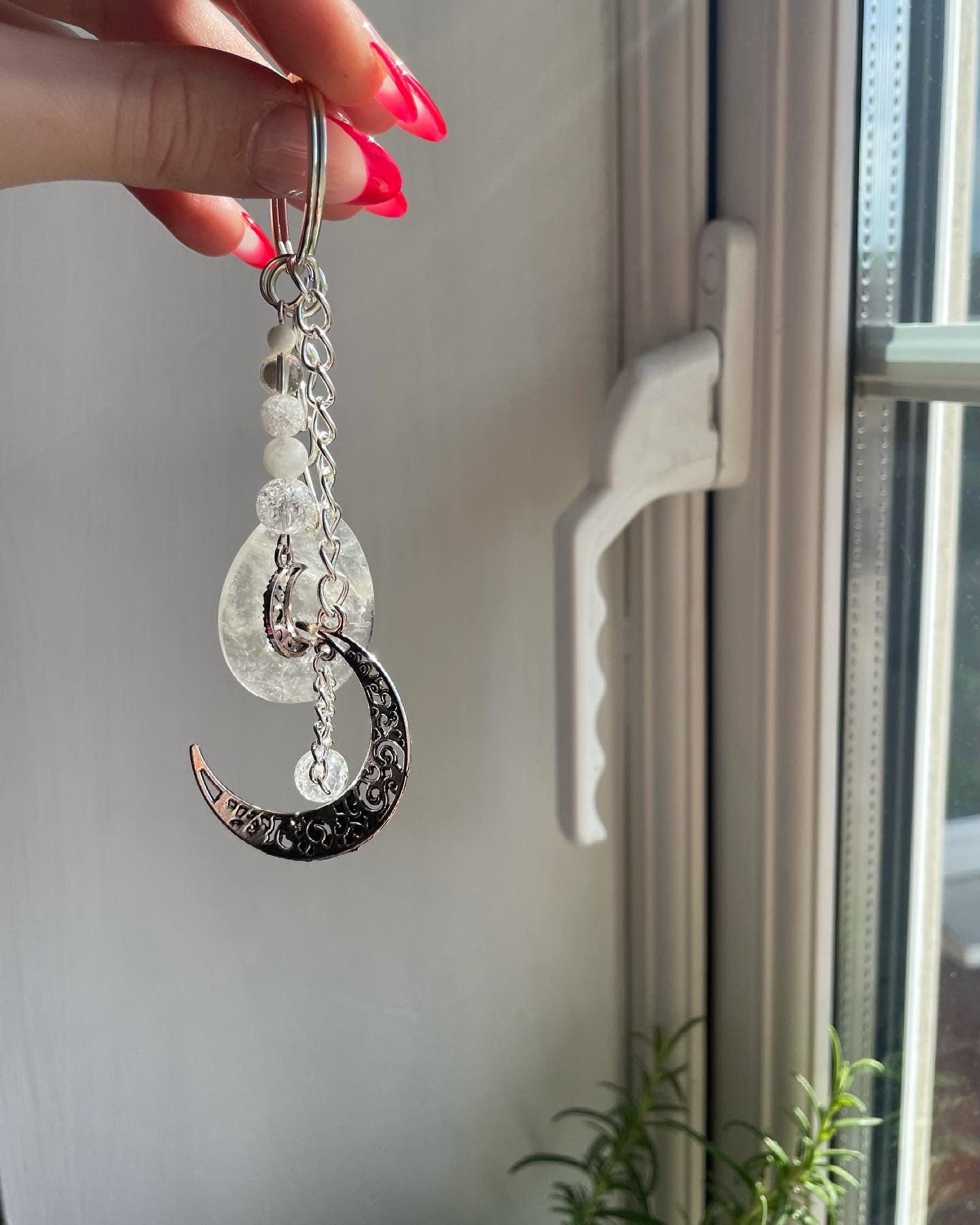 Super Sparkly Clear Quartz Keyring with Crackle Quartz, Moonstone, Rock Crystal and Mother of Pearl