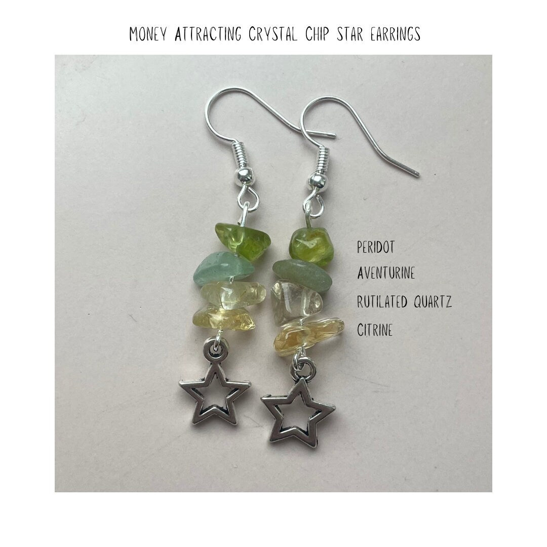 Money Attracting Crystal Chip Star Earrings - Handmade With Peridot + Aventurine + Yellow Fluorite + Citrine - Sterling Silver or Plated