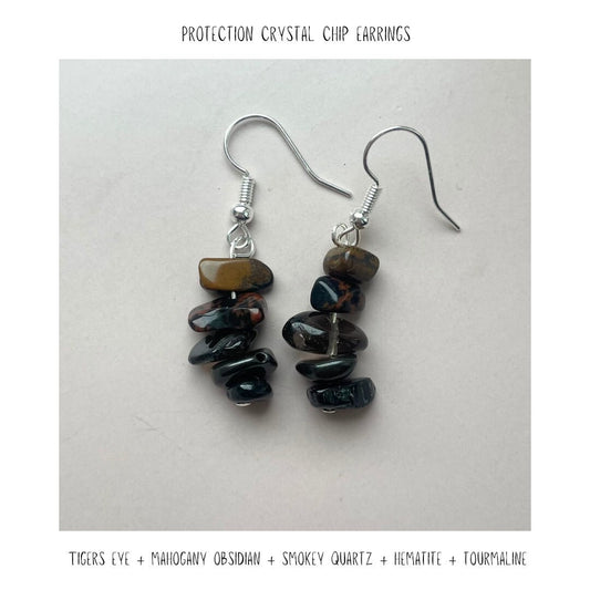 Protection Crystal Chip Earrings - Handmade with Tigers Eye + Mahogany Obsidian + Smokey Quartz + Hematite + Tourmaline - Sterling + Plated