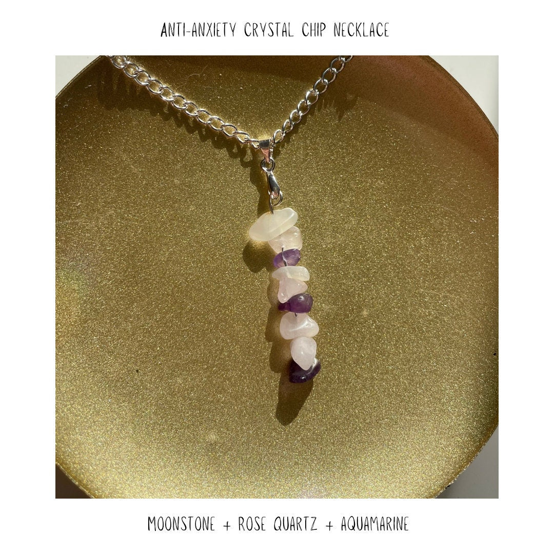 Anti Anxiety Crystal Chip Necklace - Handmade with Moonstone + Rose Quartz + Amethyst