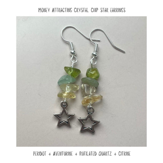 Money Attracting Crystal Chip Star Earrings - Handmade With Peridot + Aventurine + Yellow Fluorite + Citrine - Sterling Silver or Plated