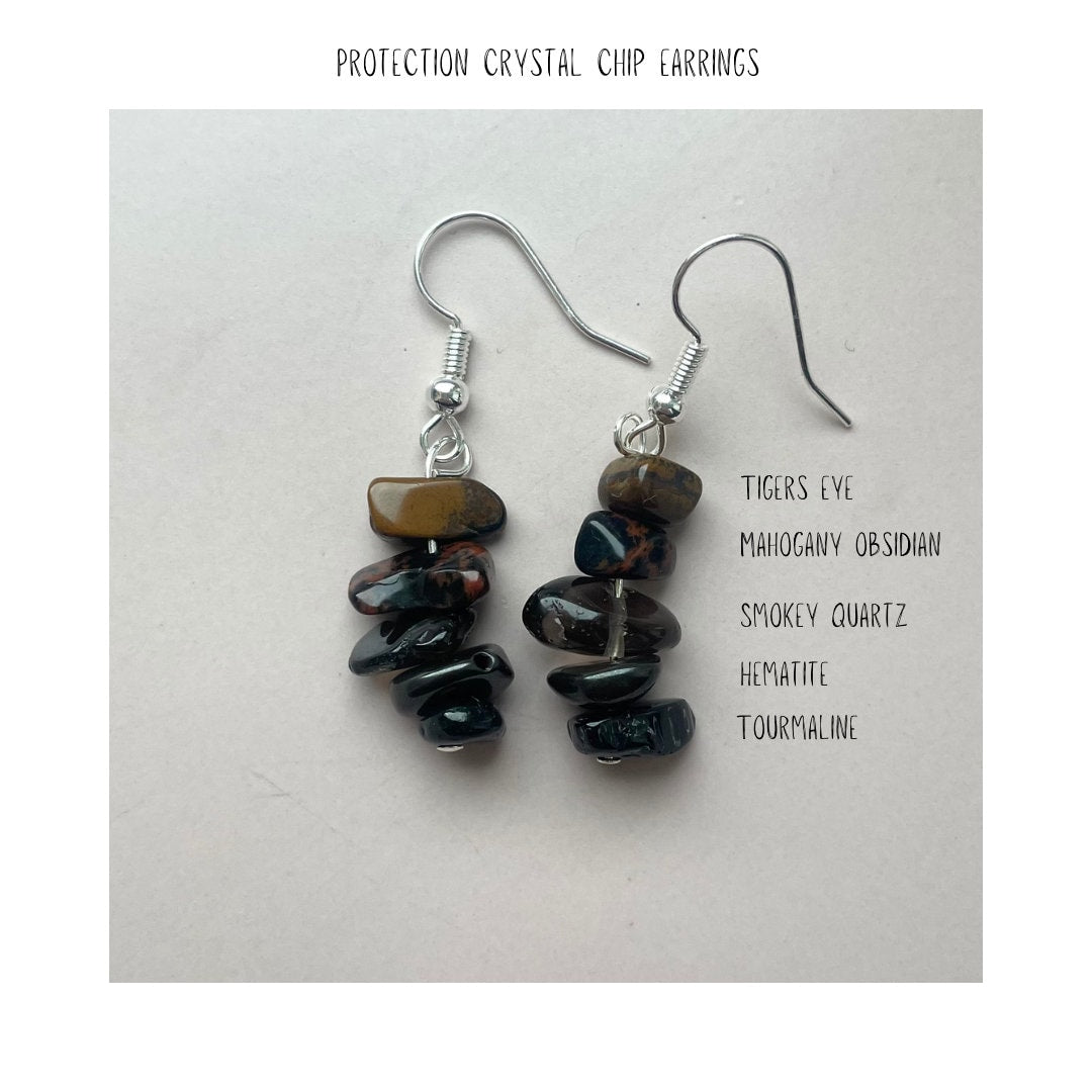 Protection Crystal Chip Earrings - Handmade with Tigers Eye + Mahogany Obsidian + Smokey Quartz + Hematite + Tourmaline - Sterling + Plated