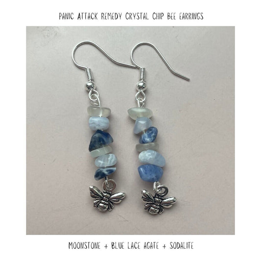 Panic Attack Remedy Crystal Chip Bee Earrings - Handmade With Moonstone + Blue Lace Agate + Sodalite - Sterling + Plated