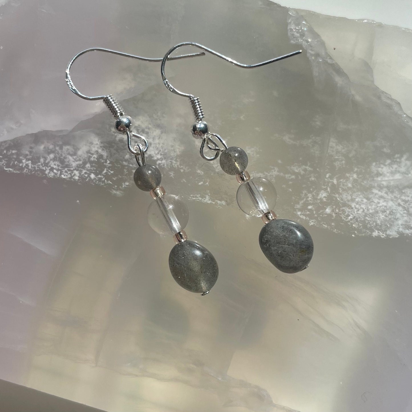 Labradorite + Clear Quartz Earrings - Made With Flashy High Quality Labradorite - Sterling Silver + Silver Plated