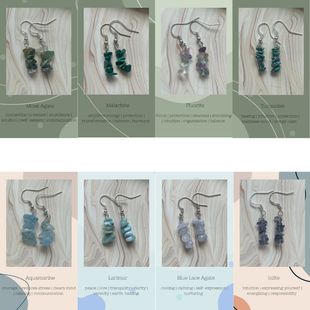 Handmade Crystal Chip Earrings | 49 Types | Gold + Silver | Aquamarine + Amethyst + Peridot + Ametrine + Malachite + More - Handmade