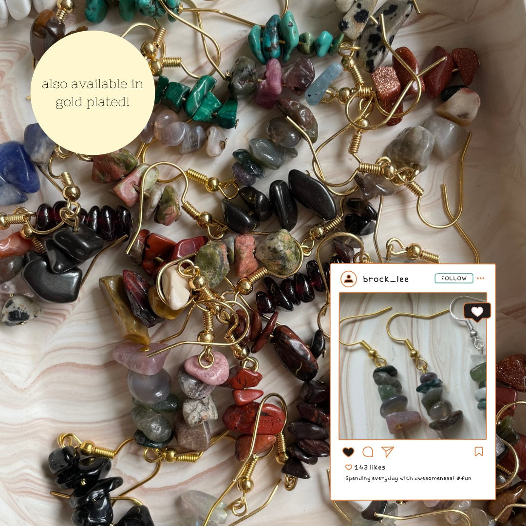 Handmade Crystal Chip Earrings | 49 Types | Gold + Silver | Aquamarine + Amethyst + Peridot + Ametrine + Malachite + More - Handmade