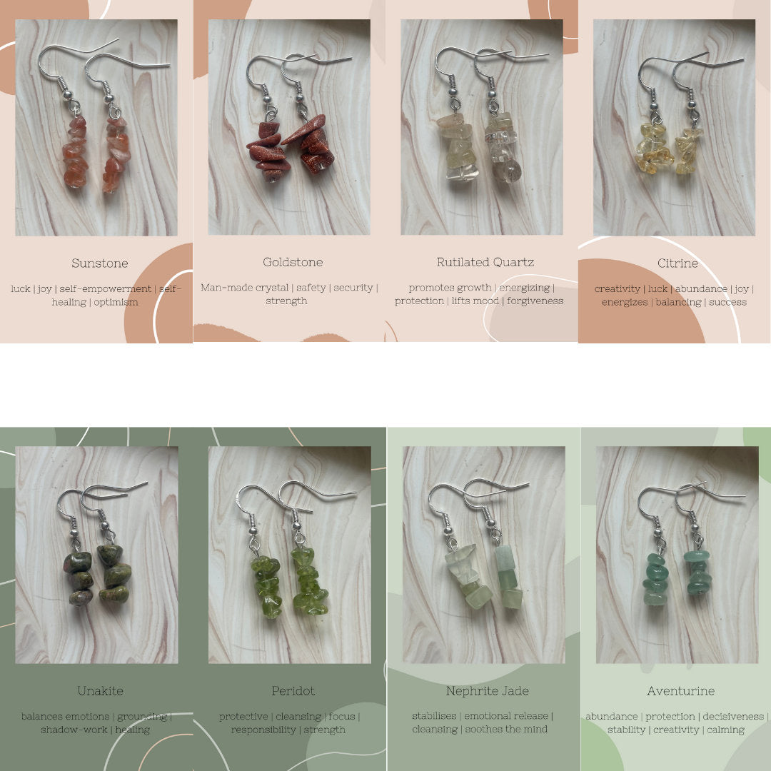 Handmade Crystal Chip Earrings | 49 Types | Gold + Silver | Aquamarine + Amethyst + Peridot + Ametrine + Malachite + More - Handmade