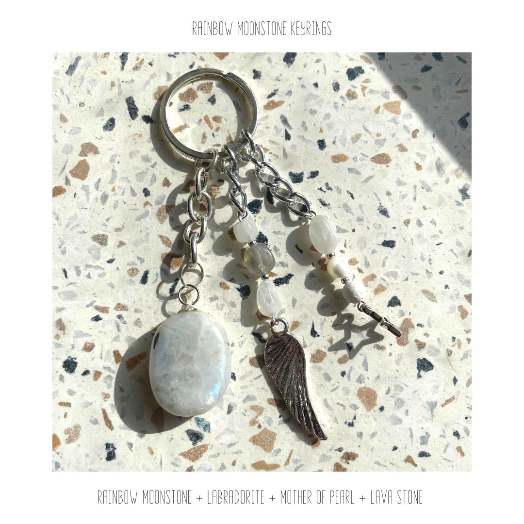 Rainbow Moonstone Keyring | Made With Rainbow Moonstone + Labradorite + Mother of Pearl + Lava Stone | Handmade