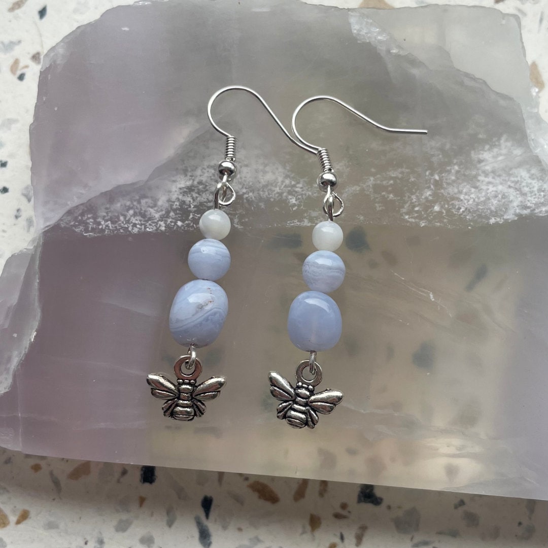 Blue Lace Agate and Mother of Pearl Bee Drop Earrings - Blue Lace Agate and Mother of Pearl