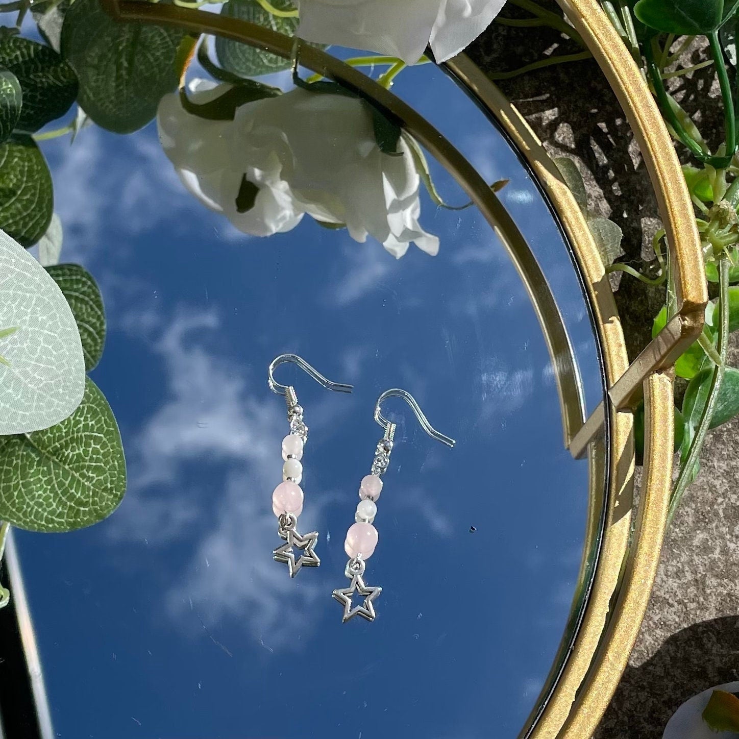 Star Charm Pink Drop Earrings - Rose Quartz and Mother of Pearl