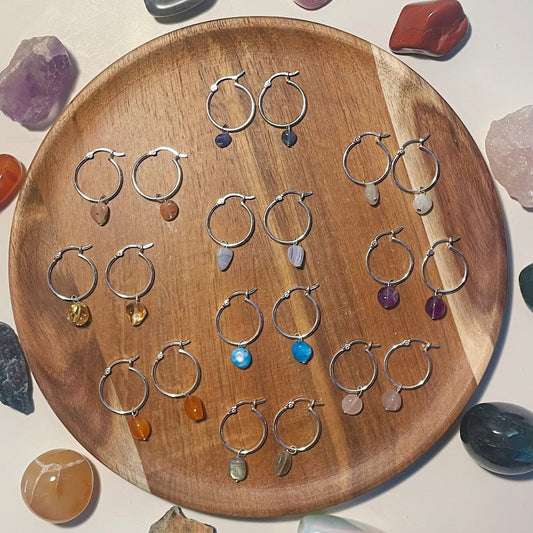 Sterling Silver Medium Crystal Hoops | Labradorite + Sunstone + Apatite + Sodalite + Moonstone + Rose Quartz + Blue Lace + More | Handmade