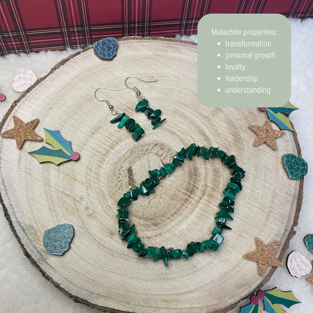 Malachite Earrings + Bracelet Matching Set | Perfect for Gifting | Secret Santa Ideas