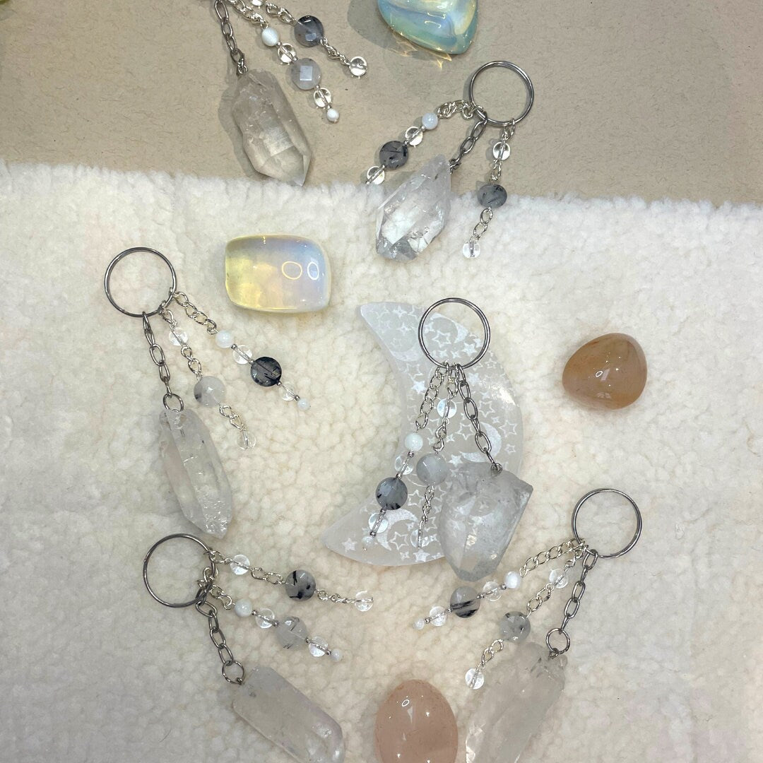 Raw Clear Quartz Keyrings | Handmade with Clear Quartz + Mother of Pearl + Tourmalated Quartz