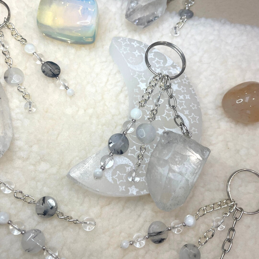 Raw Clear Quartz Keyrings | Handmade with Clear Quartz + Mother of Pearl + Tourmalated Quartz