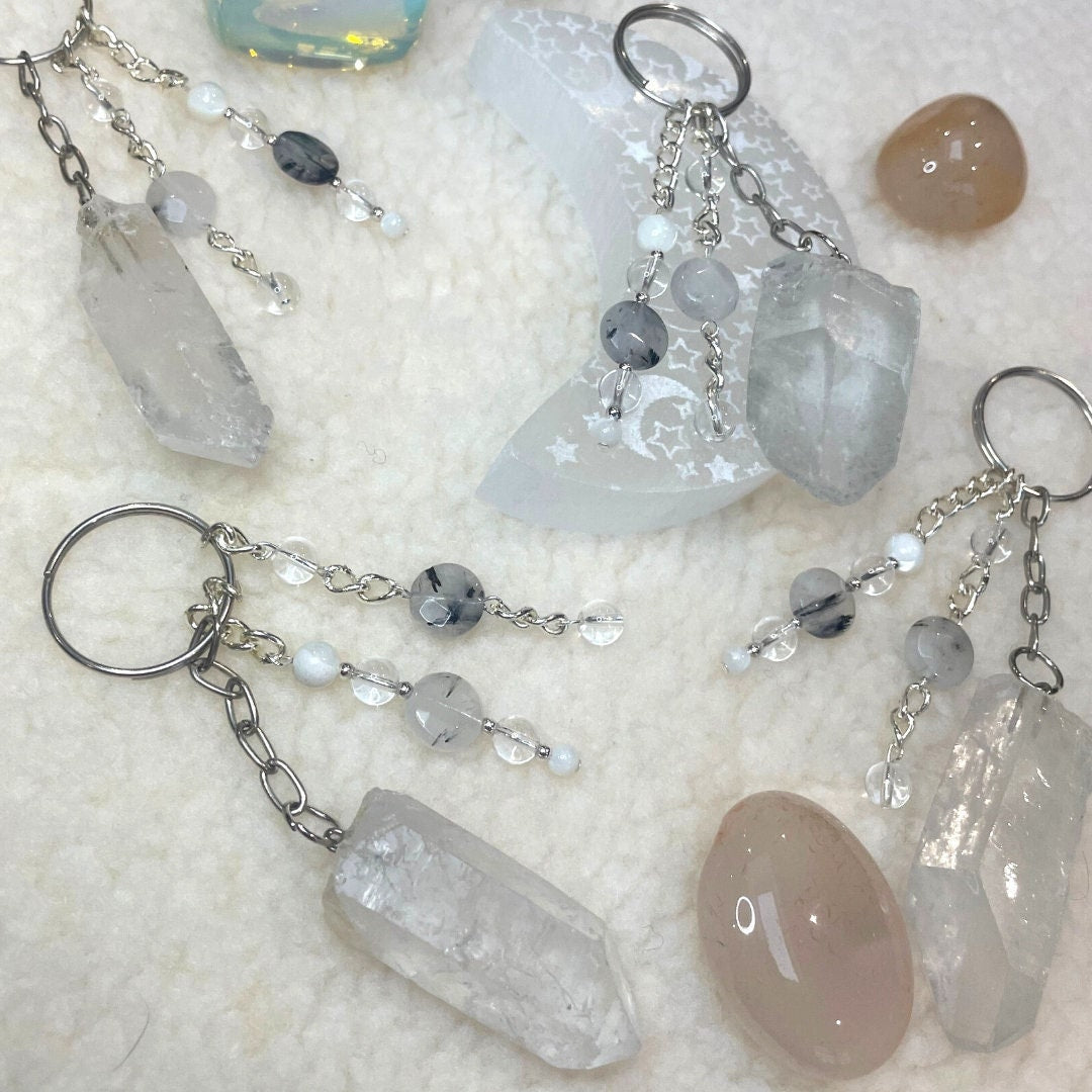 Raw Clear Quartz Keyrings | Handmade with Clear Quartz + Mother of Pearl + Tourmalated Quartz