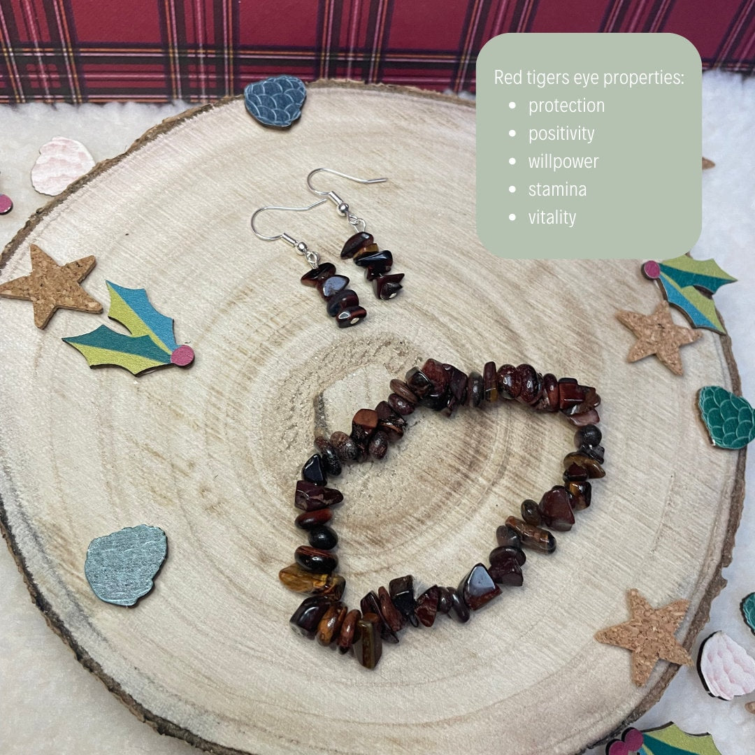 Red Tigers Eye Earrings + Bracelet Matching Set | Perfect for Gifting | Secret Santa Ideas