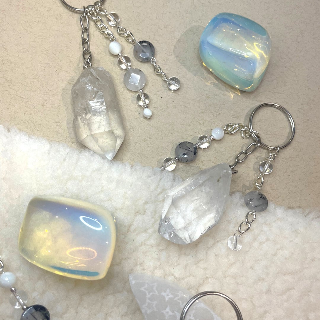 Raw Clear Quartz Keyrings | Handmade with Clear Quartz + Mother of Pearl + Tourmalated Quartz