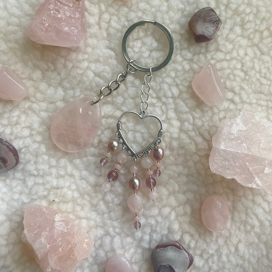 Rose Quartz Teardrop Keyring | Made with Rose Quartz + Pink Opal + Freshwater Pearl + Glass Beads