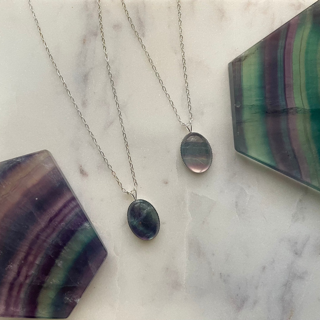 Handset Large Fluorite Pendants - Sterling Silver - Choose Chain Length