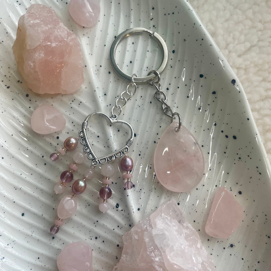 Rose Quartz Teardrop Keyring | Made with Rose Quartz + Pink Opal + Freshwater Pearl + Glass Beads