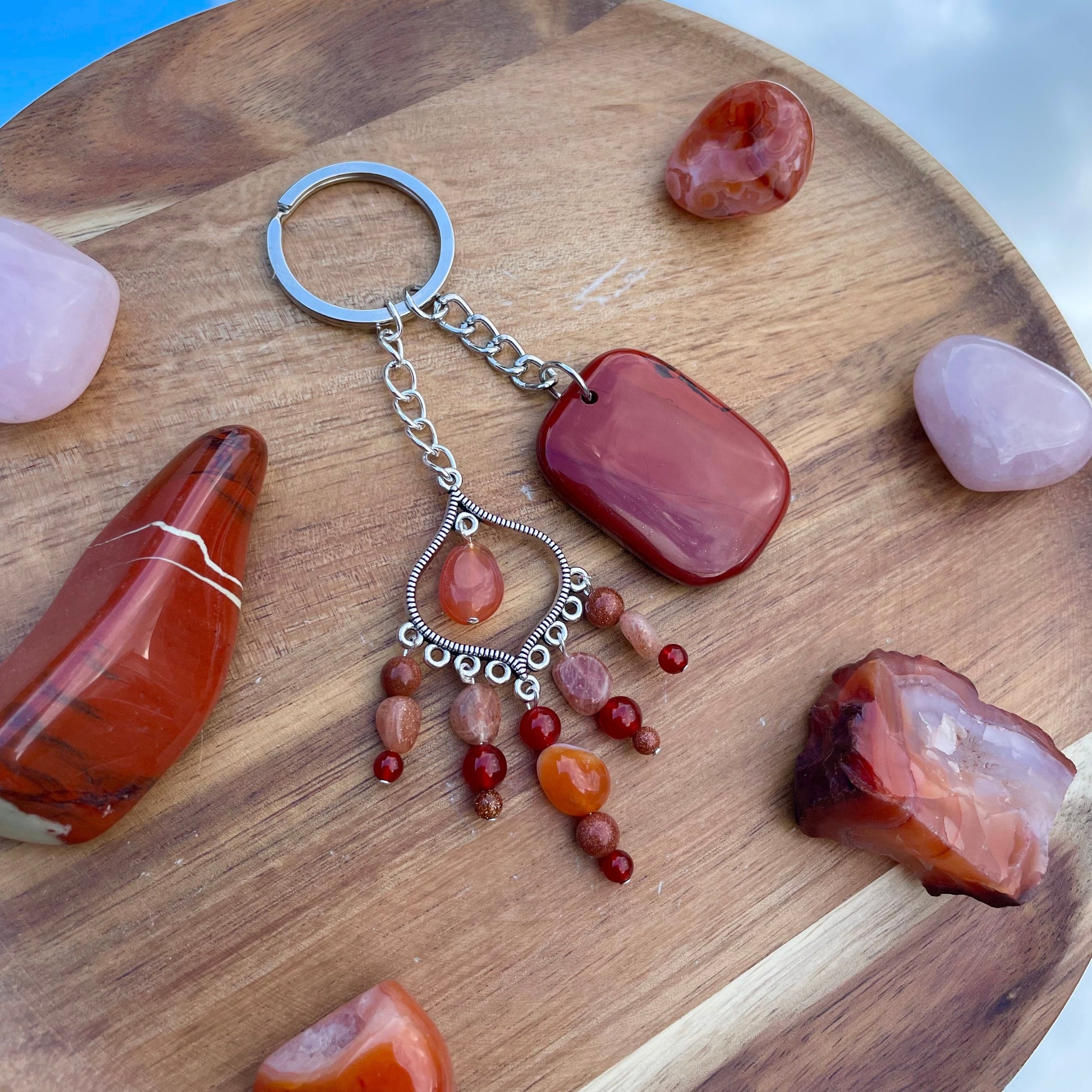 Red Jasper Keyring | Handmade with Goldstone + Carnelian + Sunstone