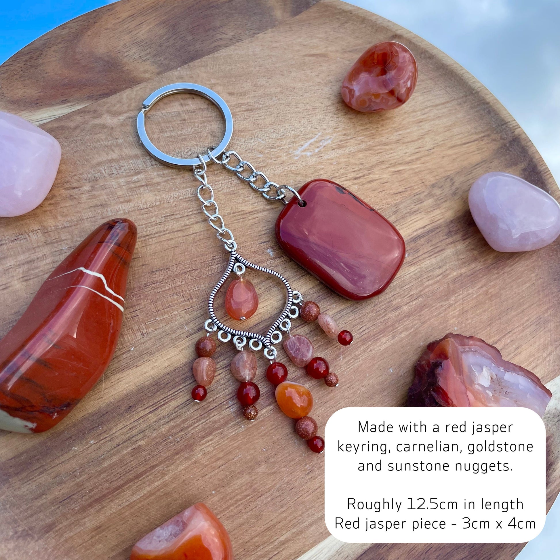Red Jasper Keyring | Handmade with Goldstone + Carnelian + Sunstone