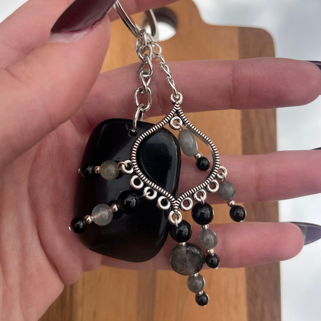 Black Jasper Keyring | Made with Black Jasper + Black Onyx + Labradorite + Tourmalated Quartz