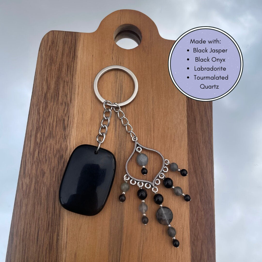 Black Jasper Keyring | Made with Black Jasper + Black Onyx + Labradorite + Tourmalated Quartz