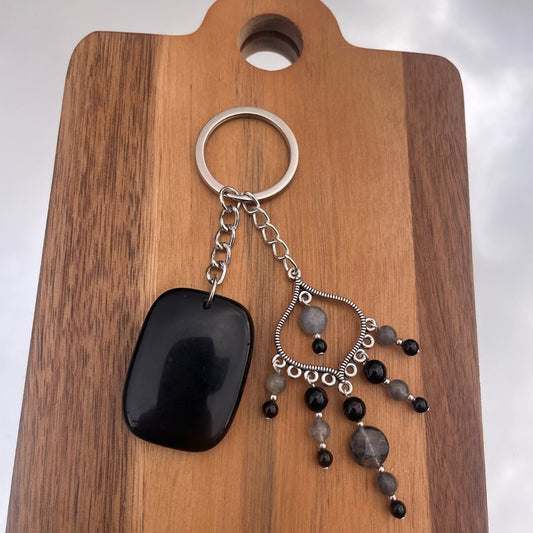 Black Jasper Keyring | Made with Black Jasper + Black Onyx + Labradorite + Tourmalated Quartz