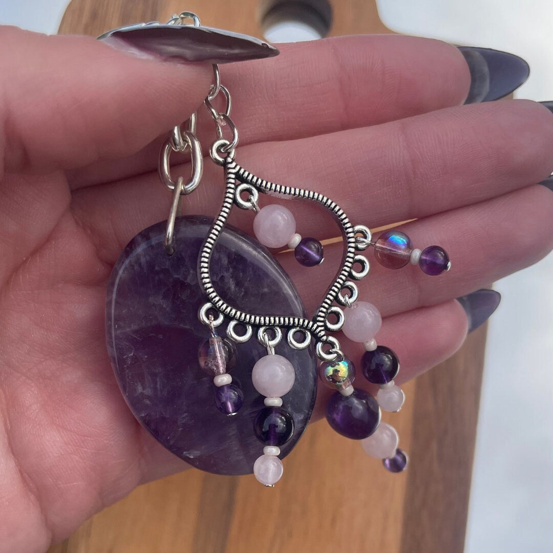 Amethyst Keyring | Made with Amethyst + Rose Quartz + Aura Amethyst Glass Beads