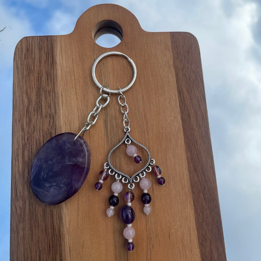 Amethyst Keyring | Made with Amethyst + Rose Quartz + Aura Amethyst Glass Beads