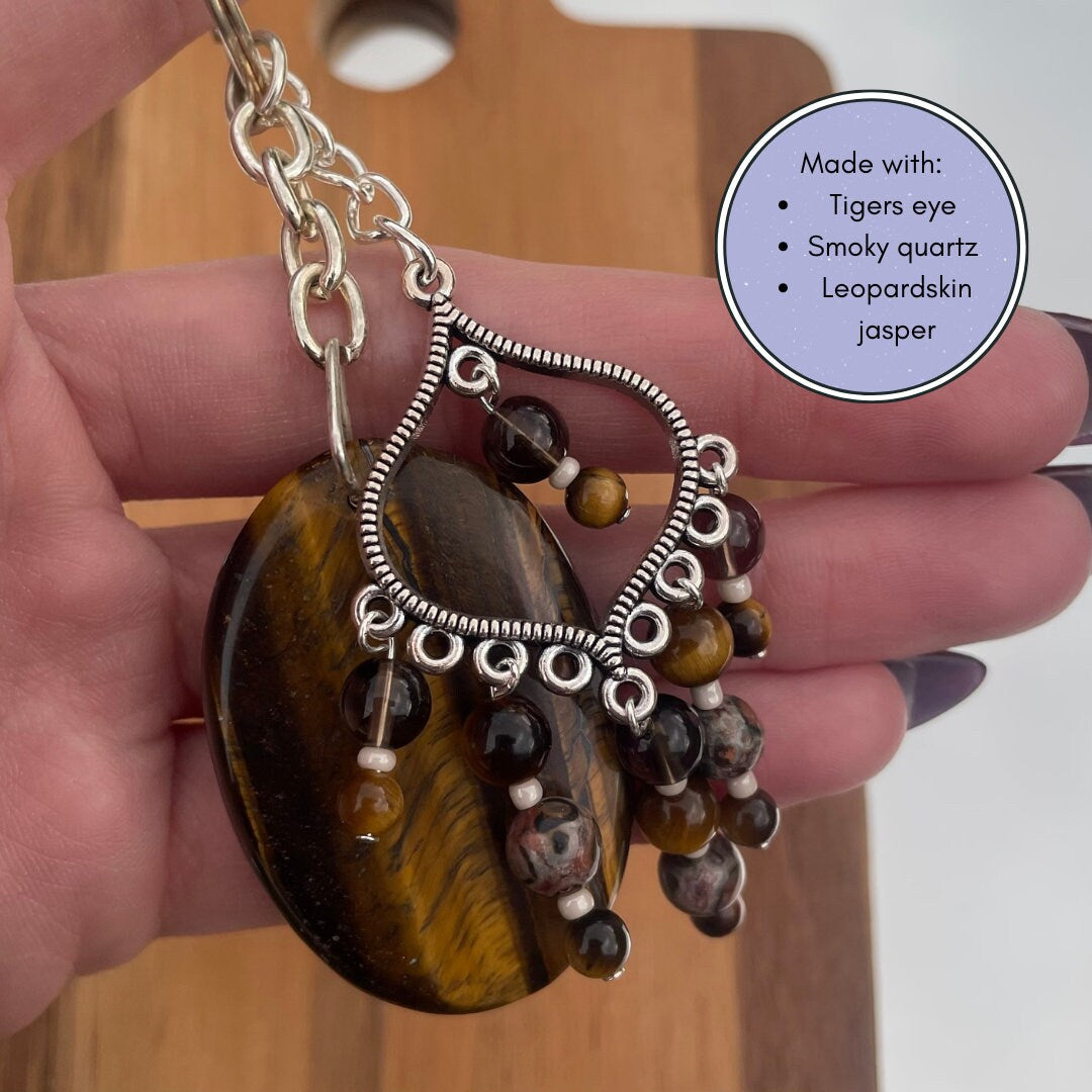 Tigers Eye Keyring | Made with Tigers Eye + Smoky Quartz + Leopardskin Jasper