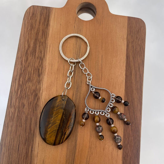 Tigers Eye Keyring | Made with Tigers Eye + Smoky Quartz + Leopardskin Jasper