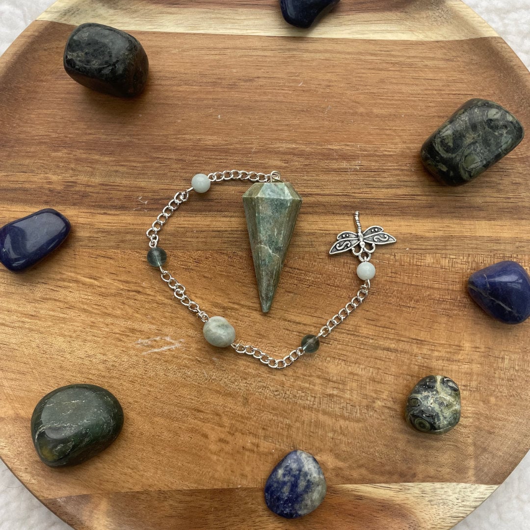 Kyanite Pendulum | Handmade with Chinese Amazonite + Fluorite + Aquamarine